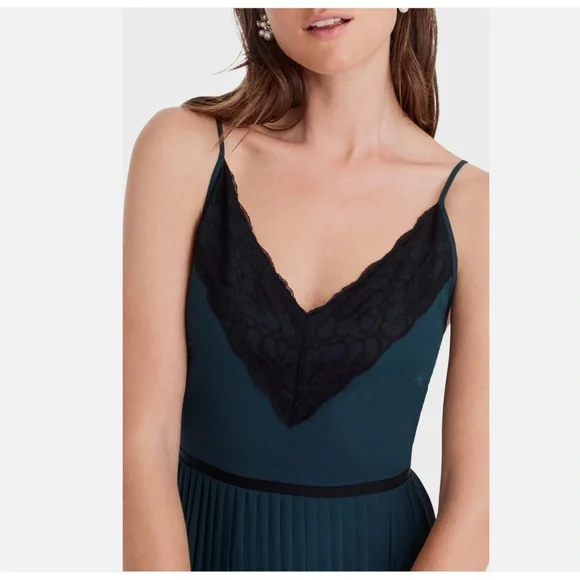 J.Crew Collection Spaghetti Strap Pleated Midi Dress Green Black Lace 2 NEW $198 - Picture 4 of 5